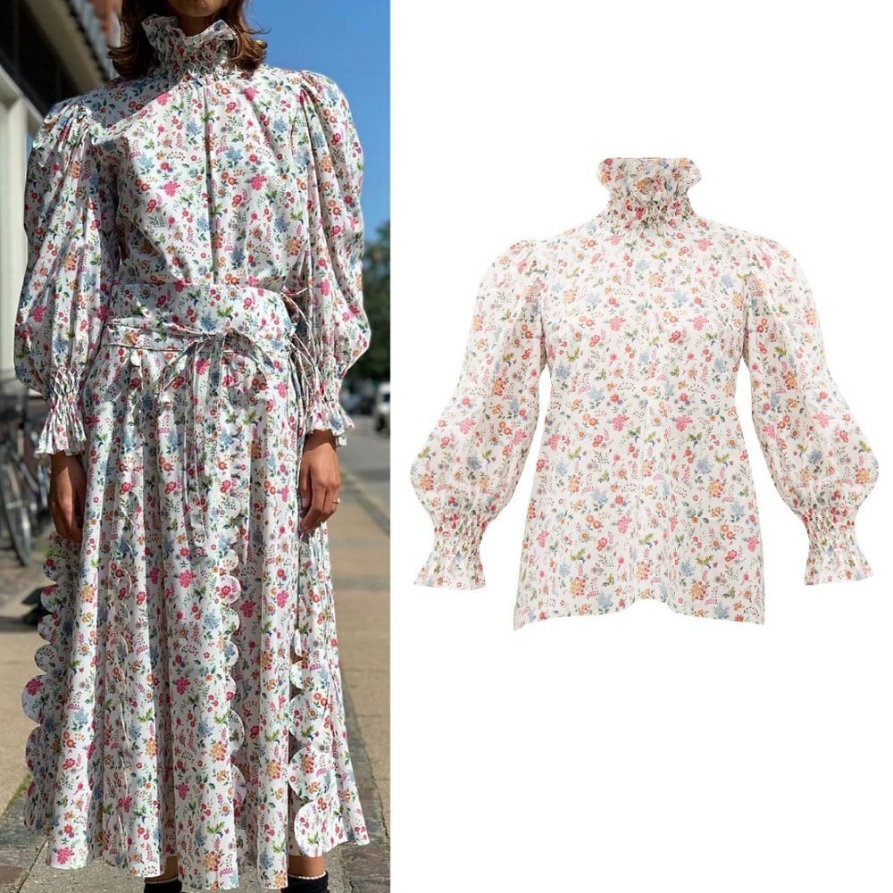 Horror Vacui Collia Smocked High Neck Blouse in White Floral XS